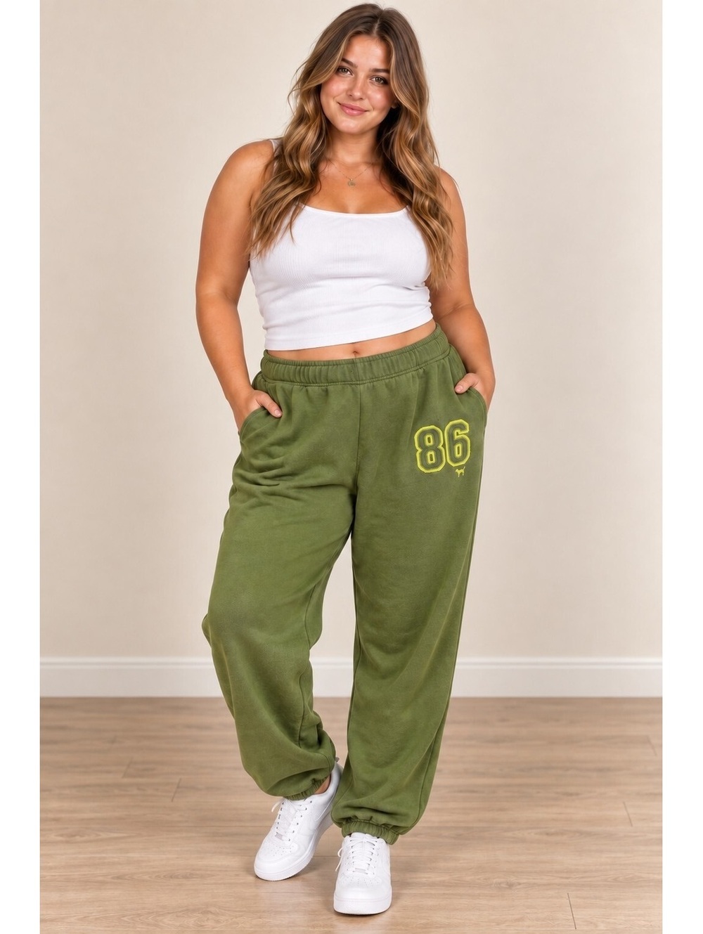 Victoria's Secret PINK L Green 86 Logo Sweatpants Joggers Y2K Distressed